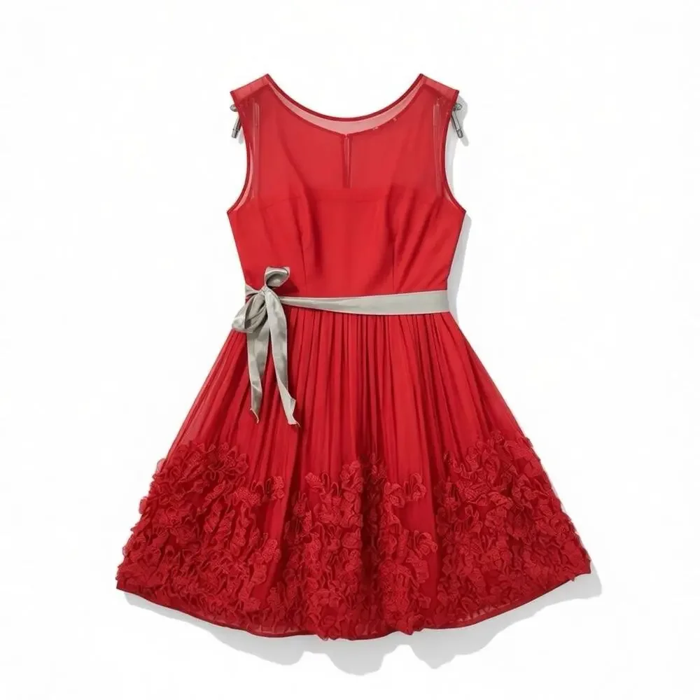 Burning Torch Anthropologie Red Silk Rosette Dress Small Fit Vintage Sleeveless - Picture 13 of 13